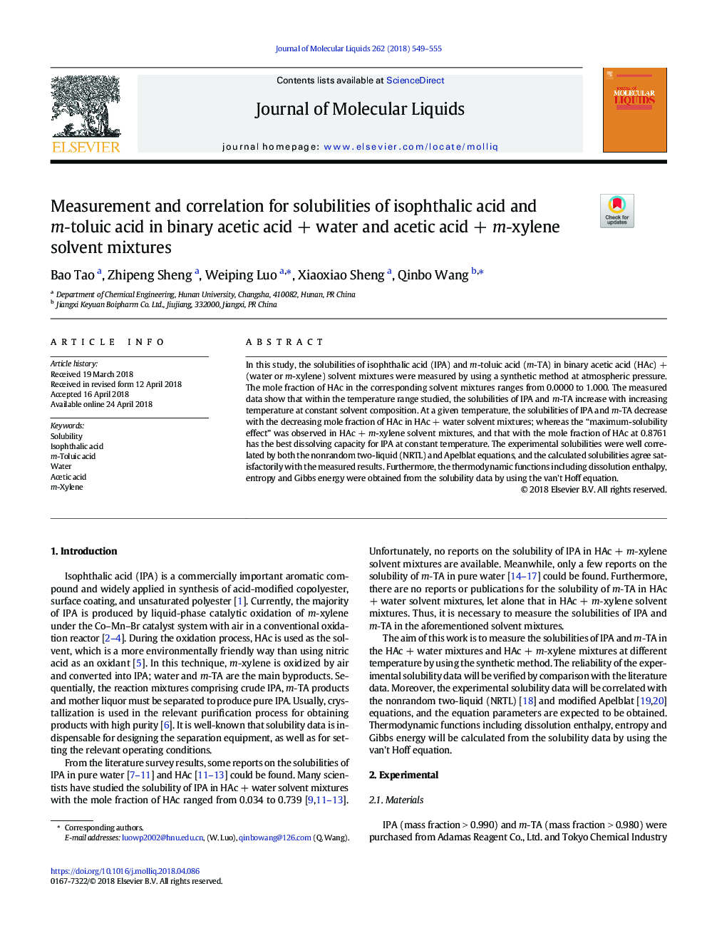 Measurement and correlation for solubilities of isophthalic acid and m-toluic acid in binary acetic acidâ¯+â¯water and acetic acidâ¯+â¯m-xylene solvent mixtures