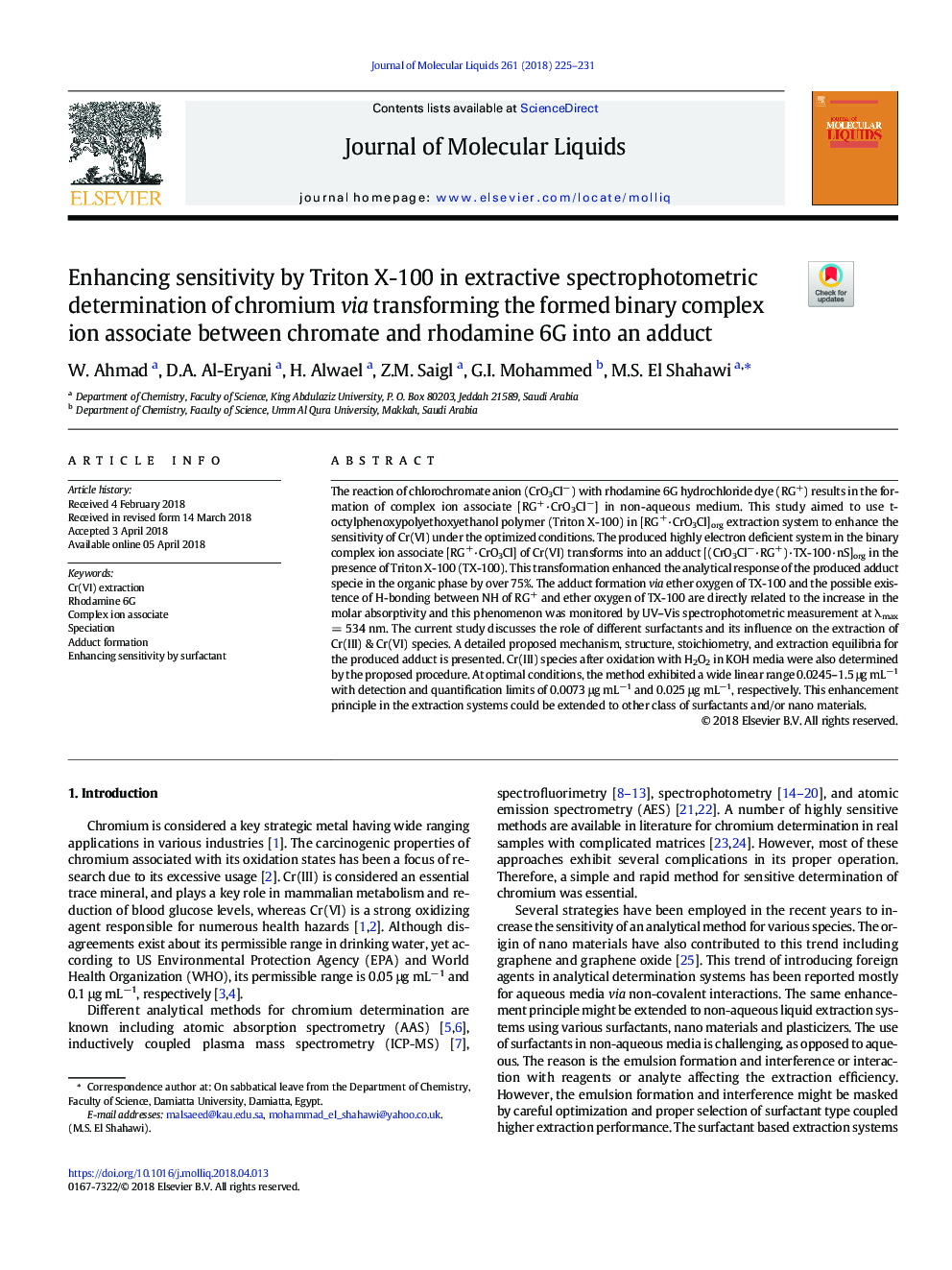 Enhancing sensitivity by Triton X-100 in extractive spectrophotometric determination of chromium via transforming the formed binary complex ion associate between chromate and rhodamine 6G into an adduct