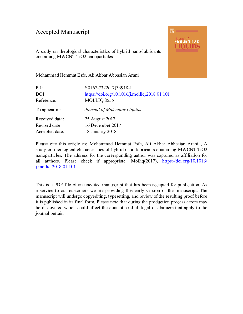 عکس صفحه اول مقاله: A study on rheological characteristics of hybrid nano-lubricants containing MWCNT-TiO2 nanoparticles A study on rheological characteristics of hybrid nano-lubricants containing MWCNT-TiO2 nanoparticles