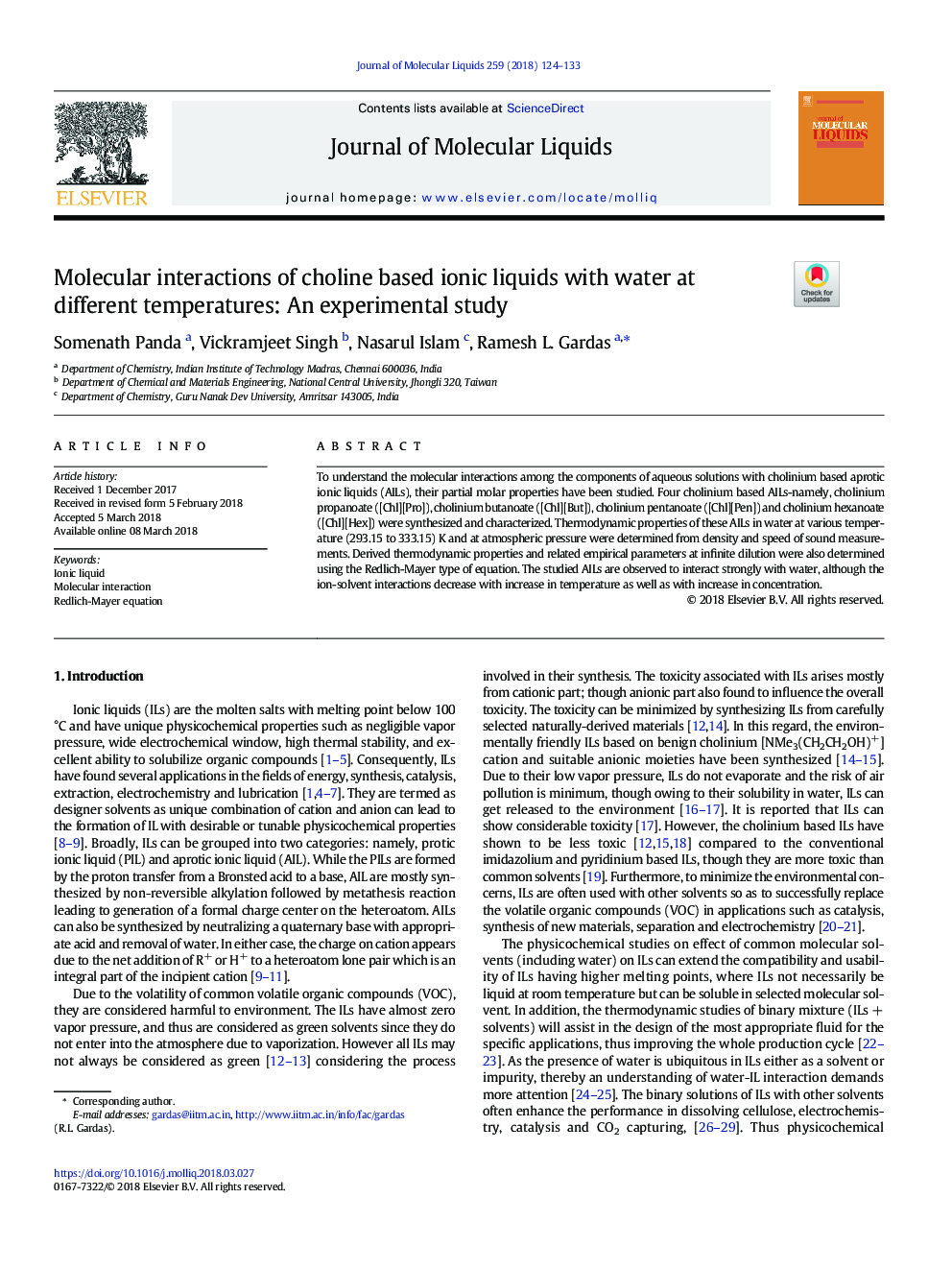 تعاملات مولکولی مایعات یونی مبتنی بر کولین با آب در دماهای مختلف: یک مطالعه تجربی 