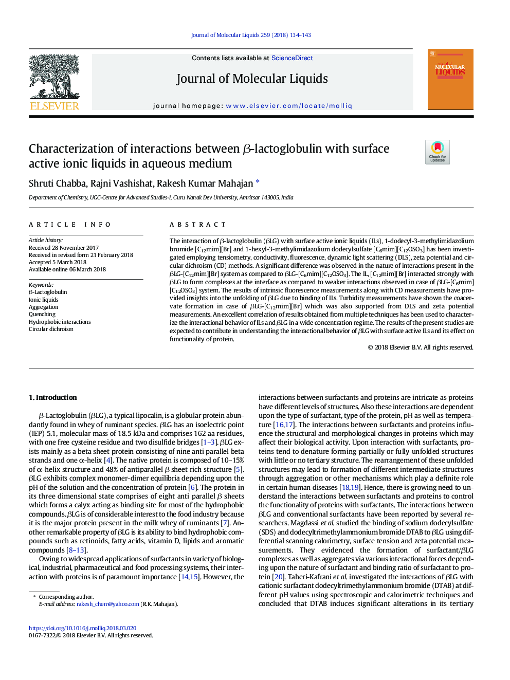 Characterization of interactions between Î²-lactoglobulin with surface active ionic liquids in aqueous medium