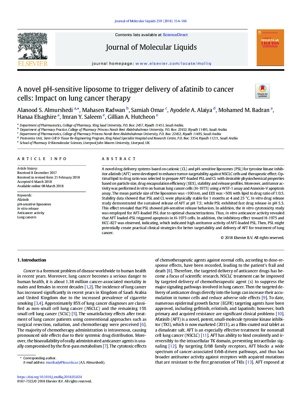 A novel pH-sensitive liposome to trigger delivery of afatinib to cancer cells: Impact on lung cancer therapy