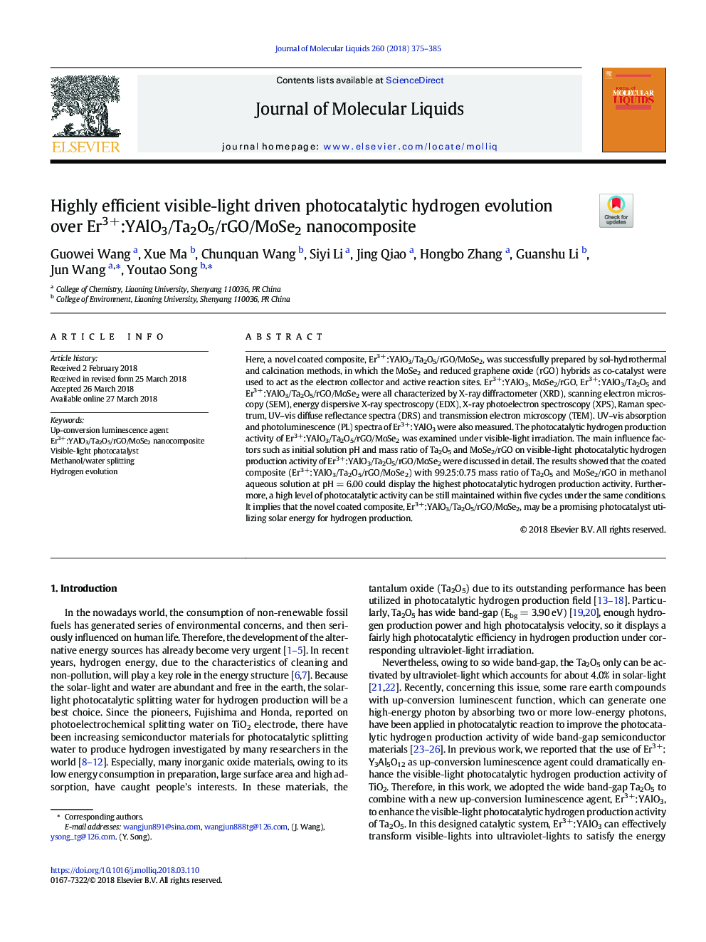 Highly efficient visible-light driven photocatalytic hydrogen evolution over Er3+:YAlO3/Ta2O5/rGO/MoSe2 nanocomposite