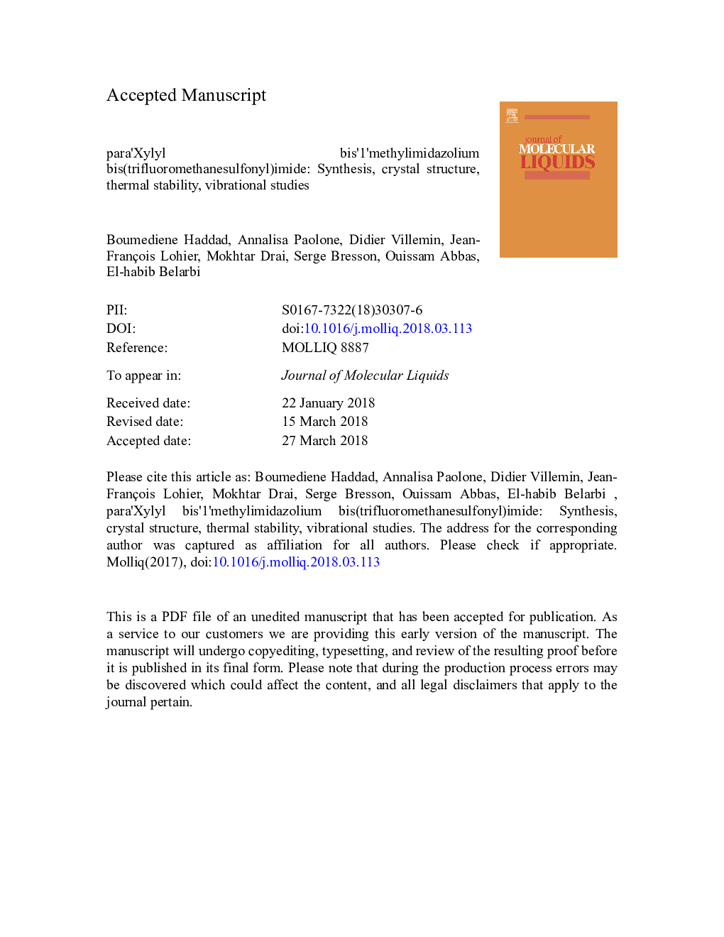 paraâXylyl bisâ1âmethylimidazolium bis(trifluoromethanesulfonyl)imide: Synthesis, crystal structure, thermal stability, vibrational studies