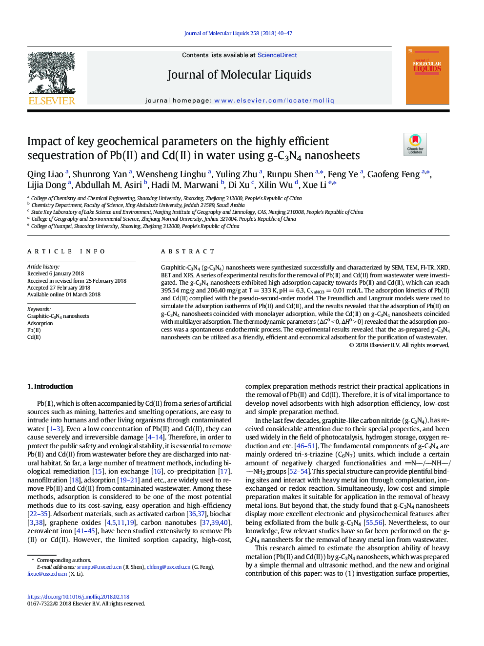 Impact of key geochemical parameters on the highly efficient sequestration of Pb(II) and Cd(II) in water using g-C3N4 nanosheets