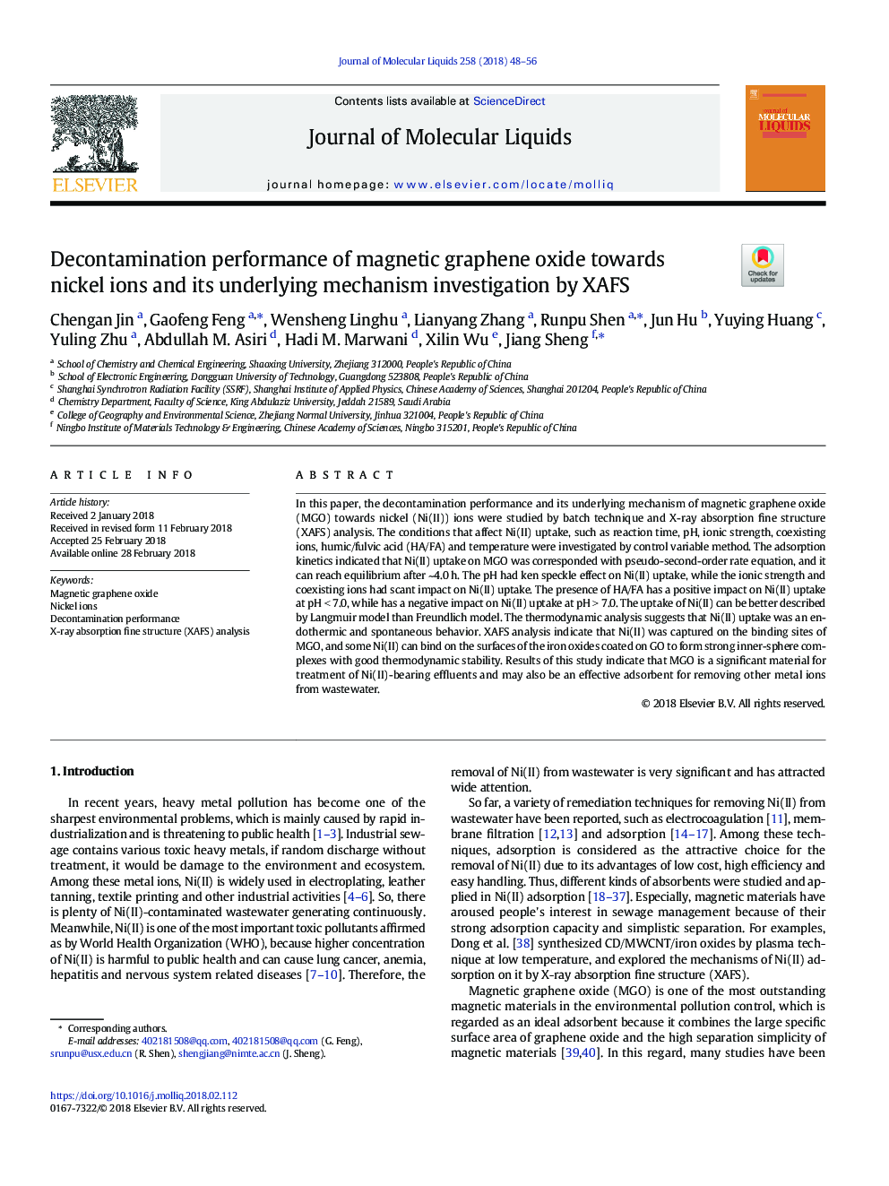 Decontamination performance of magnetic graphene oxide towards nickel ions and its underlying mechanism investigation by XAFS