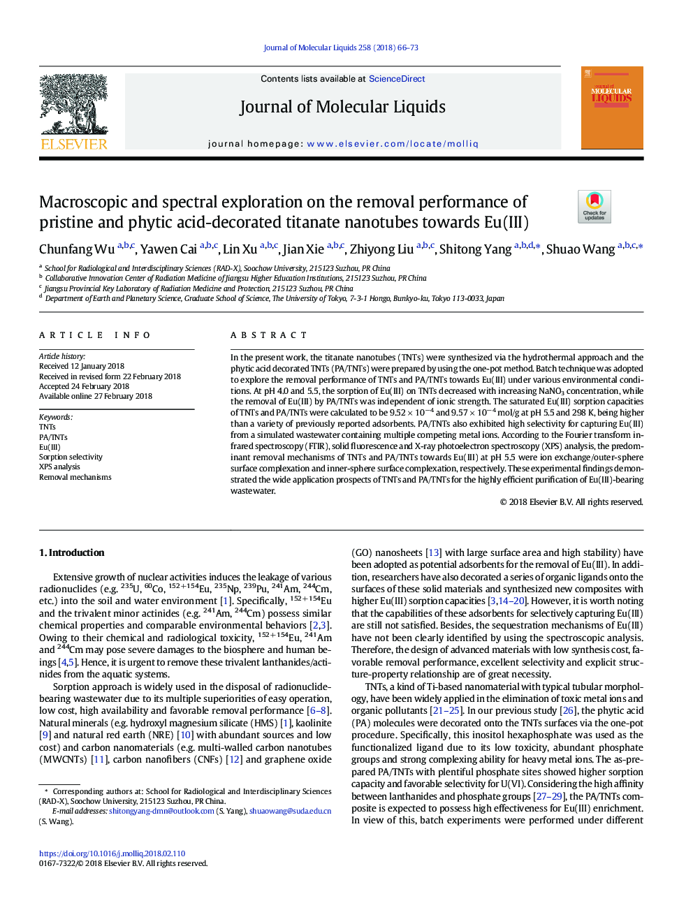 Macroscopic and spectral exploration on the removal performance of pristine and phytic acid-decorated titanate nanotubes towards Eu(III)