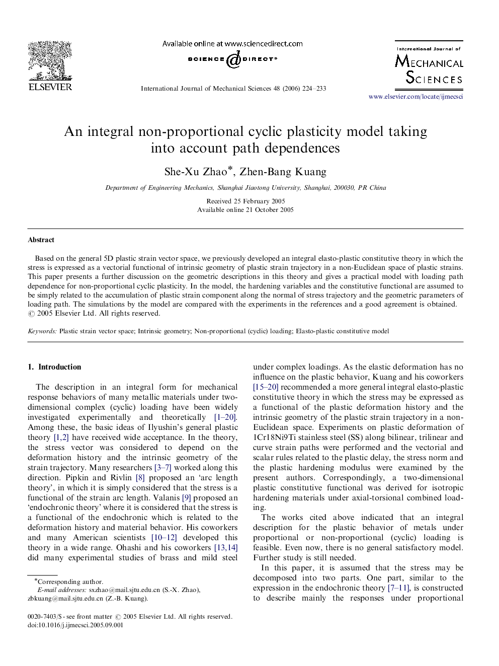 An integral non-proportional cyclic plasticity model taking into account path dependences