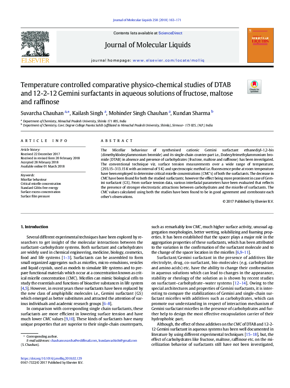 Temperature controlled comparative physico-chemical studies of DTAB and 12-2-12 Gemini surfactants in aqueous solutions of fructose, maltose and raffinose