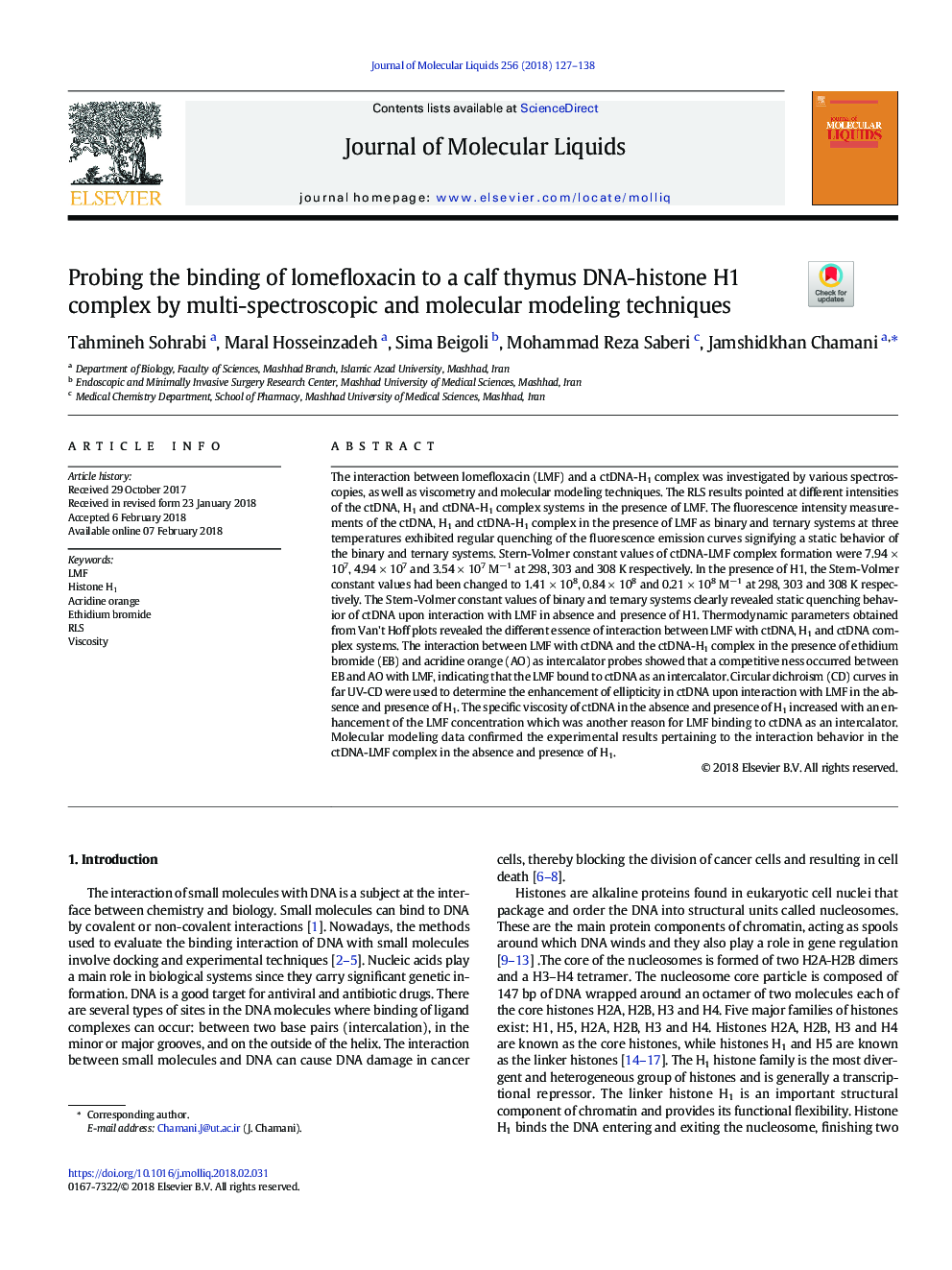 Probing the binding of lomefloxacin to a calf thymus DNA-histone H1 complex by multi-spectroscopic and molecular modeling techniques