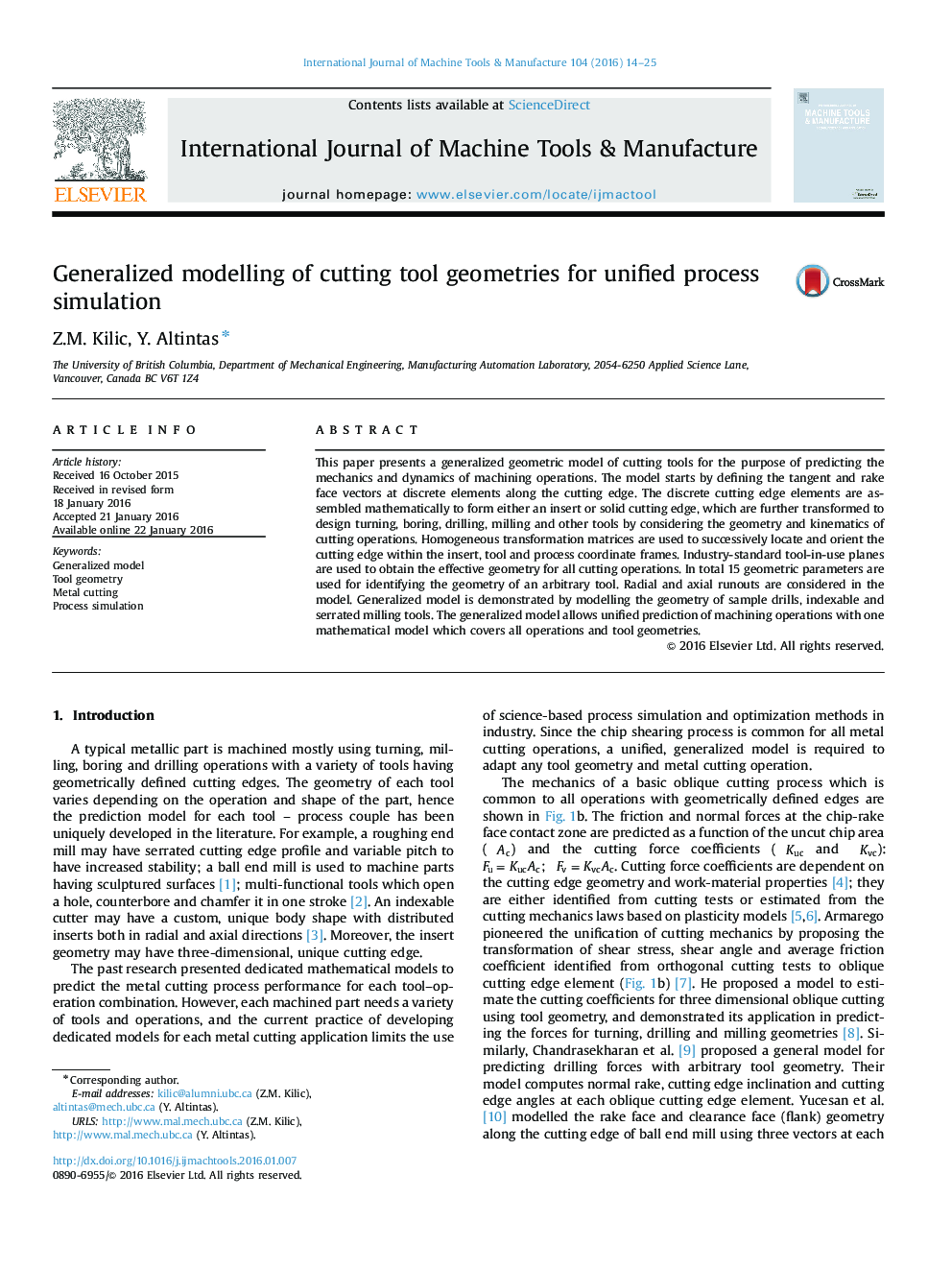 Generalized modelling of cutting tool geometries for unified process simulation