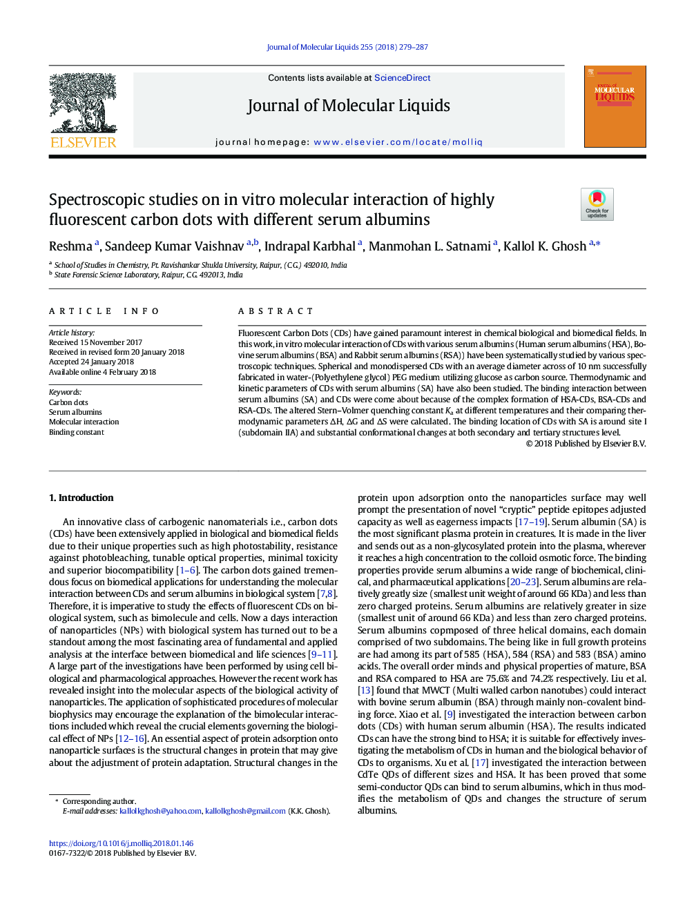 Spectroscopic studies on in vitro molecular interaction of highly fluorescent carbon dots with different serum albumins