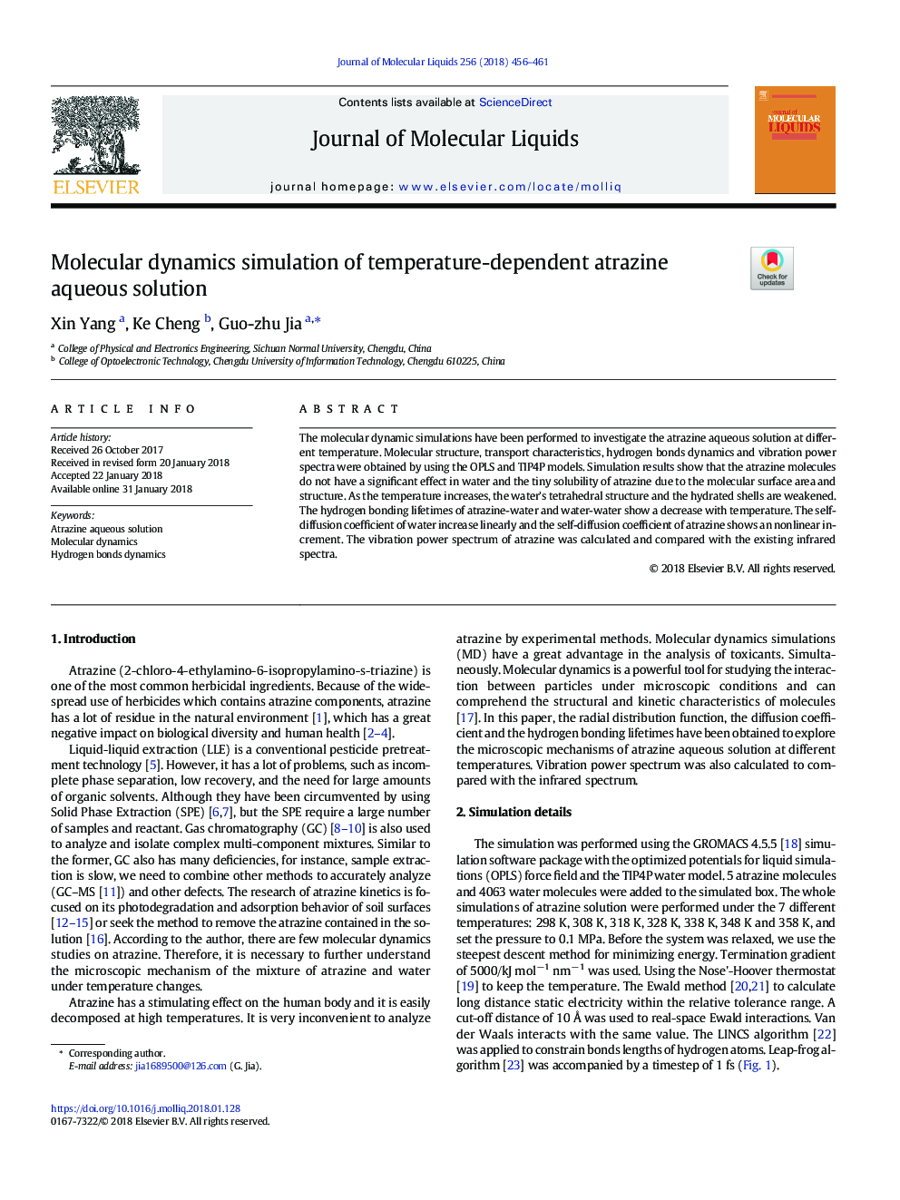 Molecular dynamics simulation of temperature-dependent atrazine aqueous solution