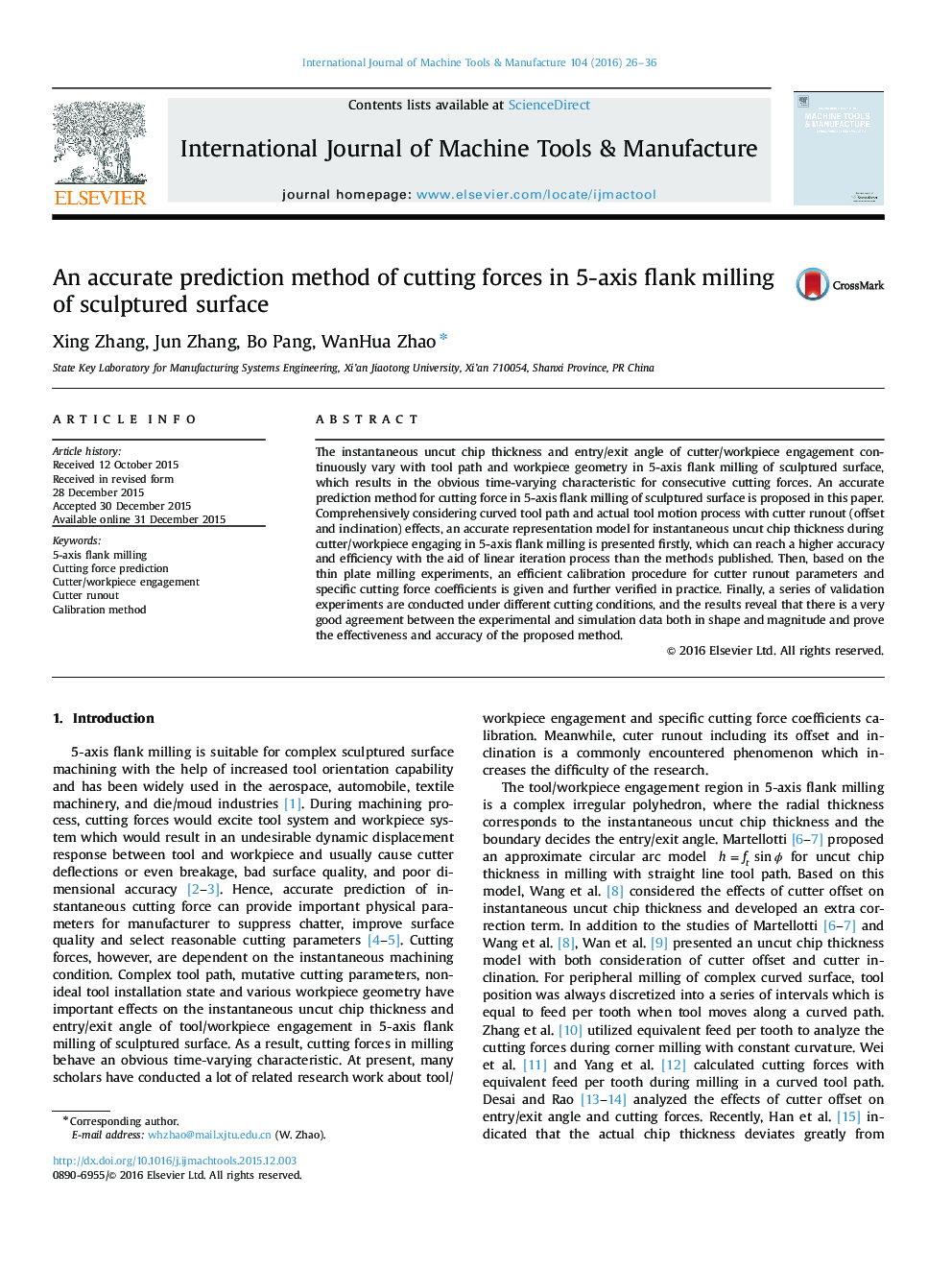 An accurate prediction method of cutting forces in 5-axis flank milling of sculptured surface