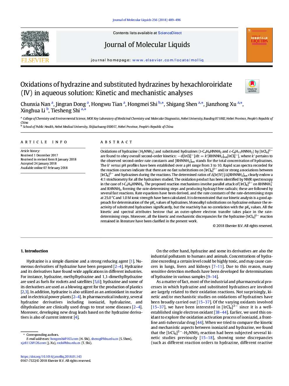 Oxidations of hydrazine and substituted hydrazines by hexachloroiridate(IV) in aqueous solution: Kinetic and mechanistic analyses