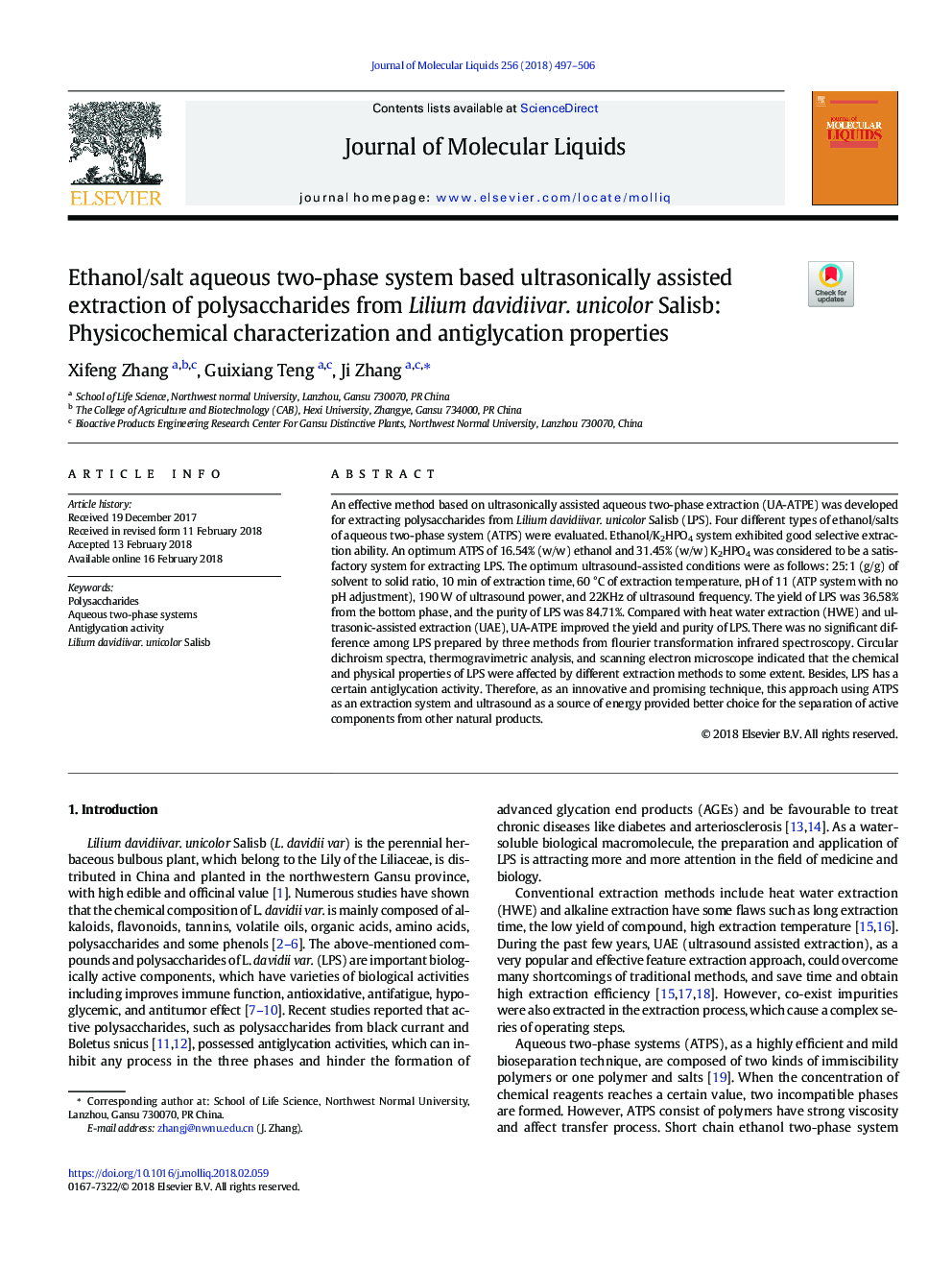 Ethanol/salt aqueous two-phase system based ultrasonically assisted extraction of polysaccharides from Lilium davidiivar. unicolor Salisb: Physicochemical characterization and antiglycation properties