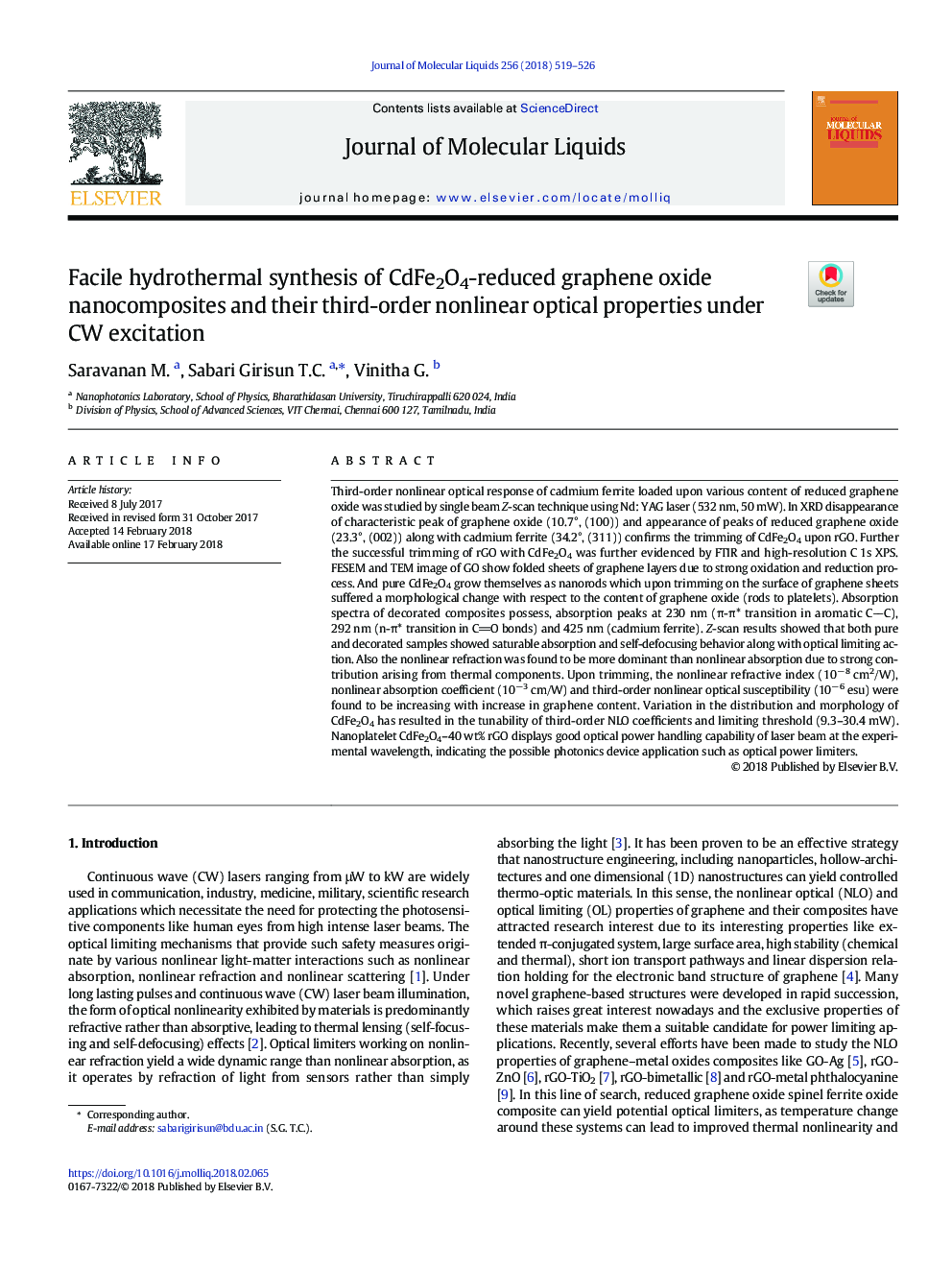 Facile hydrothermal synthesis of CdFe2O4-reduced graphene oxide nanocomposites and their third-order nonlinear optical properties under CW excitation