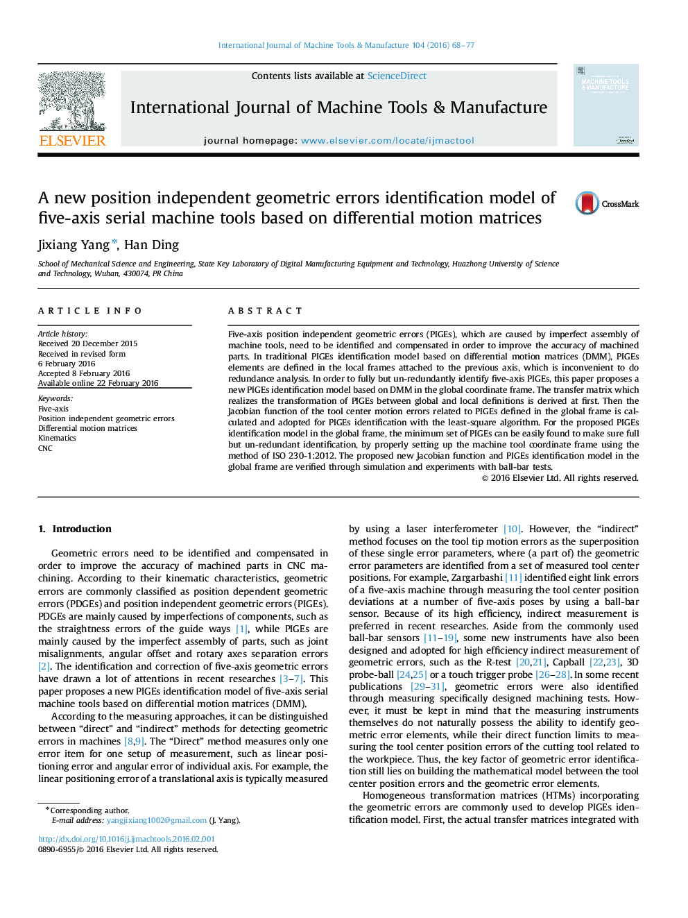 A new position independent geometric errors identification model of five-axis serial machine tools based on differential motion matrices