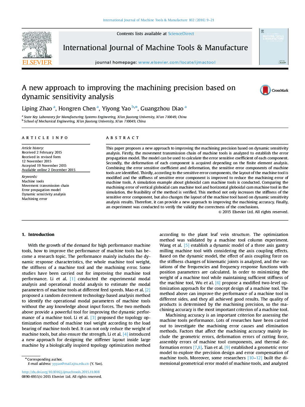 A new approach to improving the machining precision based on dynamic sensitivity analysis