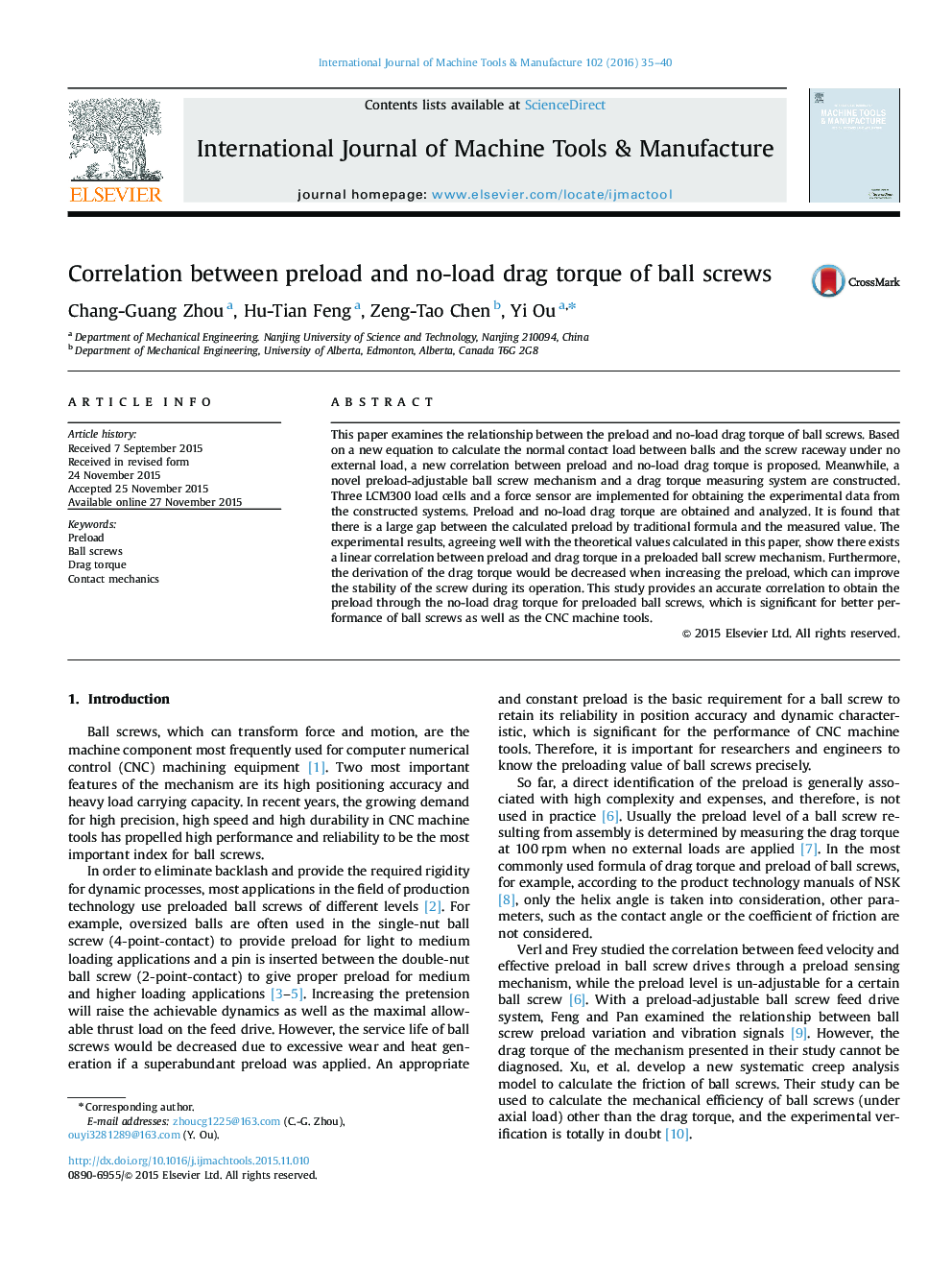 Correlation between preload and no-load drag torque of ball screws