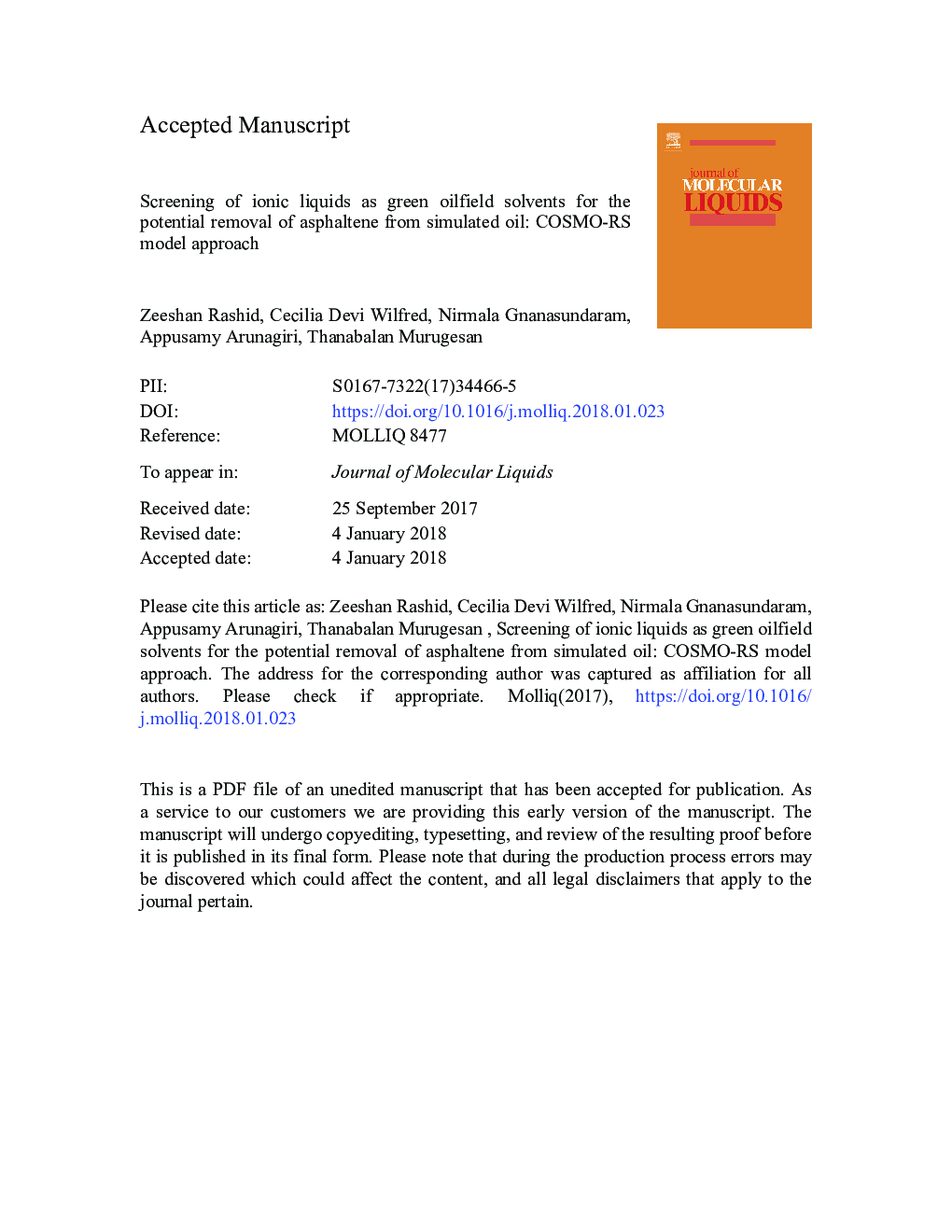 Screening of ionic liquids as green oilfield solvents for the potential removal of asphaltene from simulated oil: COSMO-RS model approach