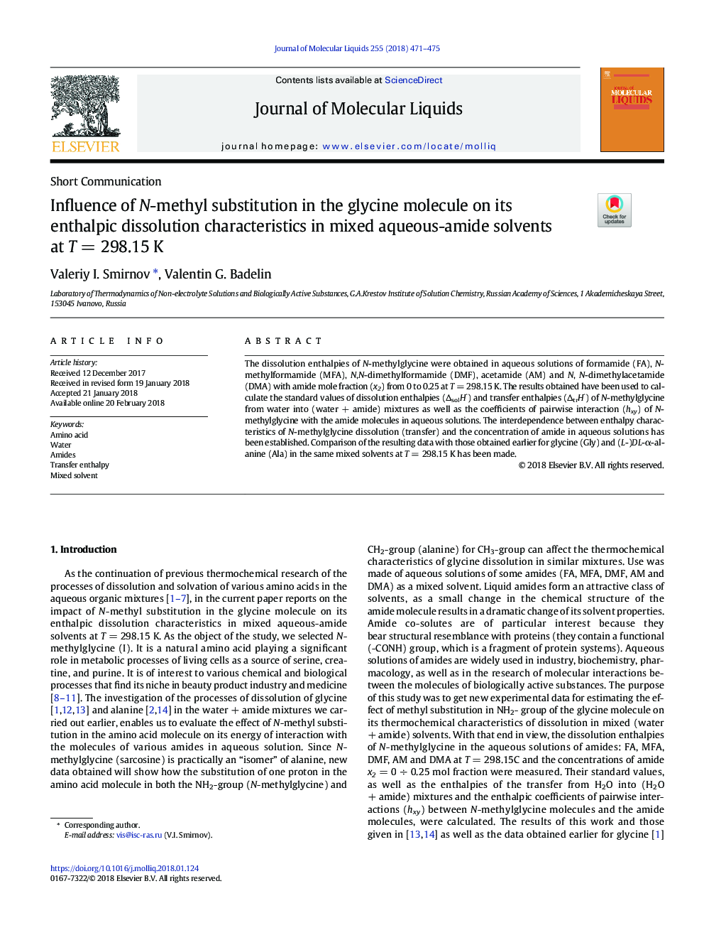Influence of N-methyl substitution in the glycine molecule on its enthalpic dissolution characteristics in mixed aqueous-amide solvents at TÂ =Â 298.15Â K