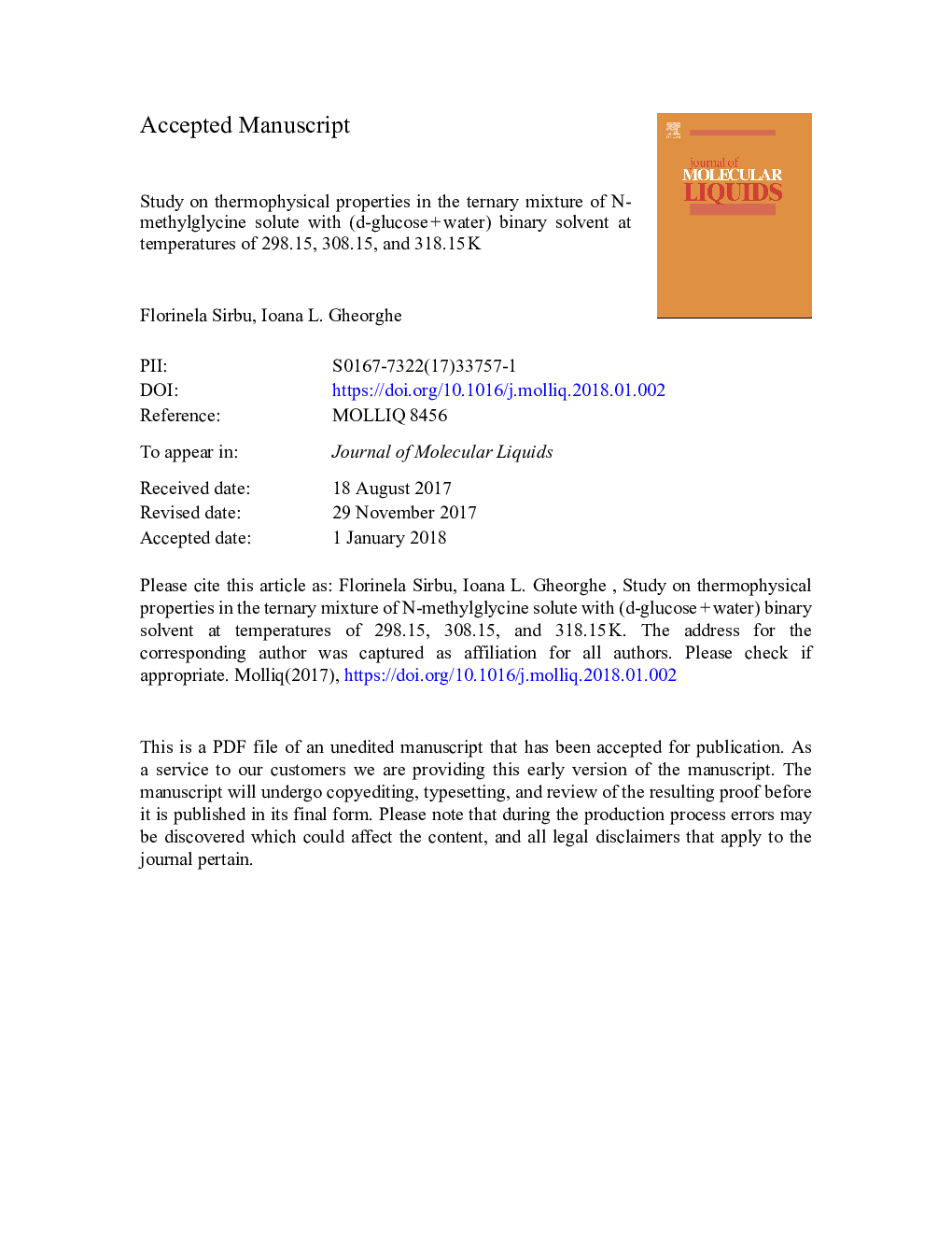 عکس صفحه اول مقاله: Study on thermophysical properties in the ternary mixture of N-methylglycine solute with (d-glucoseâ¯+â¯water) binary solvent at temperatures of 298.15, 308.15, and 318.15â¯K Study on thermophysical properties in the ternary mixture of N-methylglycine solute with (d-glucoseâ¯+â¯water) binary solvent at temperatures of 298.15, 308.15, and 318.15â¯K