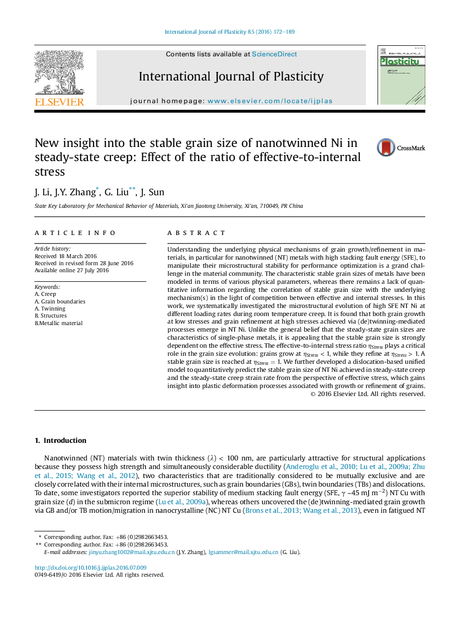 New insight into the stable grain size of nanotwinned Ni in steady-state creep: Effect of the ratio of effective-to-internal stress