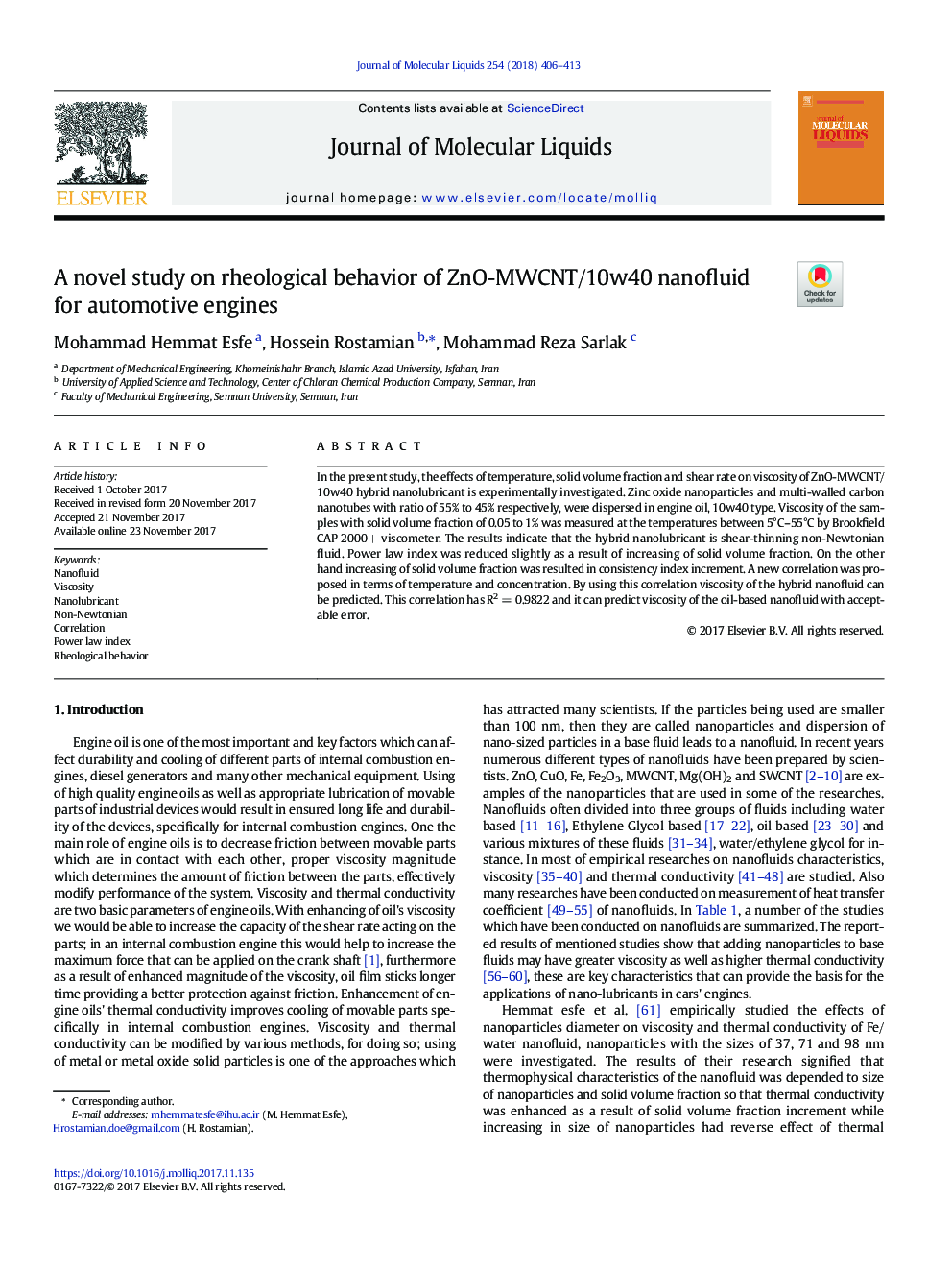 A novel study on rheological behavior of ZnO-MWCNT/10w40 nanofluid for automotive engines