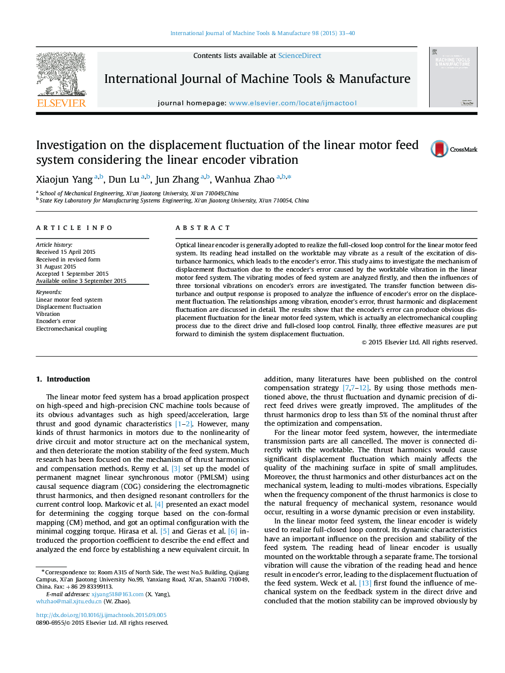 Investigation on the displacement fluctuation of the linear motor feed system considering the linear encoder vibration