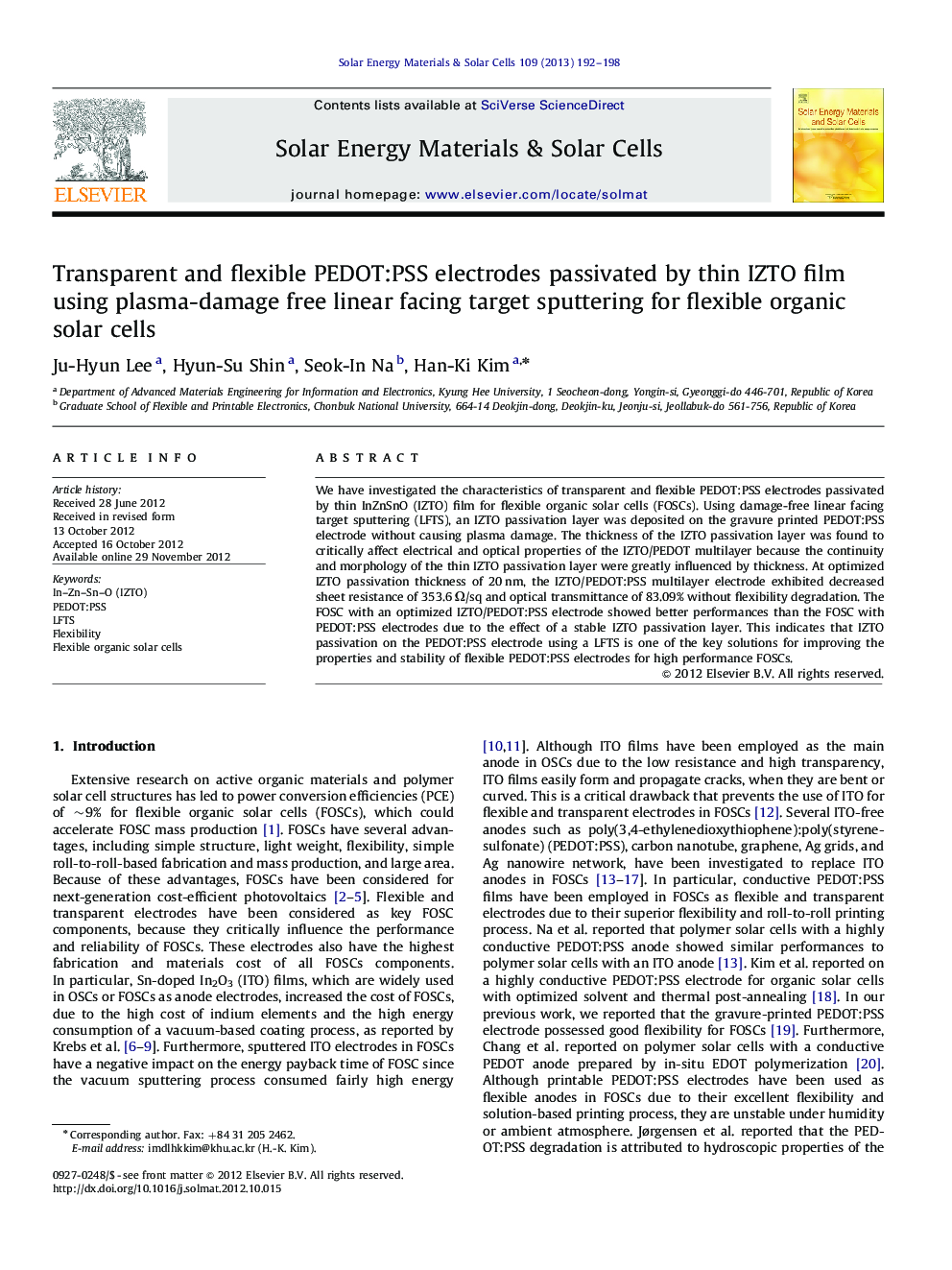 Transparent and flexible PEDOT:PSS electrodes passivated by thin IZTO film using plasma-damage free linear facing target sputtering for flexible organic solar cells