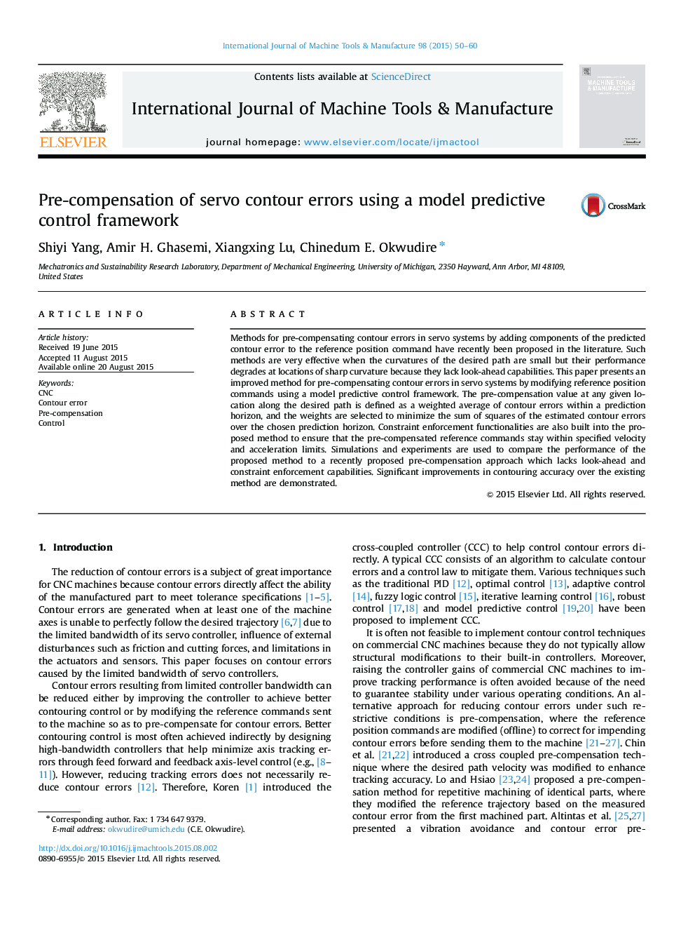 Pre-compensation of servo contour errors using a model predictive control framework