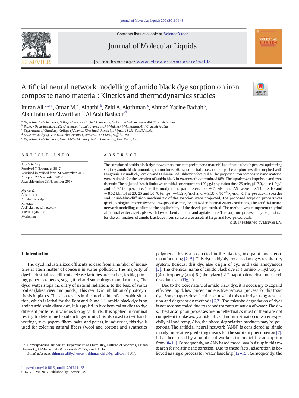 Artificial neural network modelling of amido black dye sorption on iron composite nano material: Kinetics and thermodynamics studies