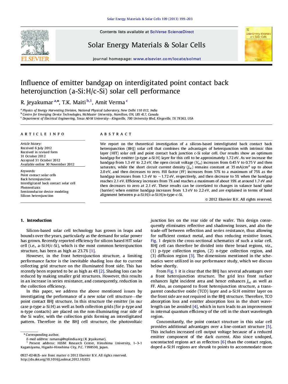 Influence of emitter bandgap on interdigitated point contact back heterojunction (a-Si:H/c-Si) solar cell performance