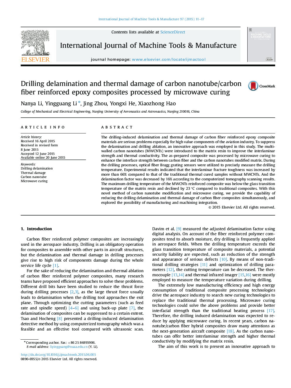 Drilling delamination and thermal damage of carbon nanotube/carbon fiber reinforced epoxy composites processed by microwave curing