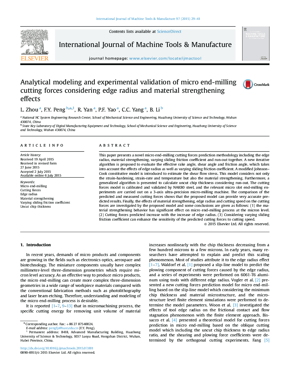 Analytical modeling and experimental validation of micro end-milling cutting forces considering edge radius and material strengthening effects