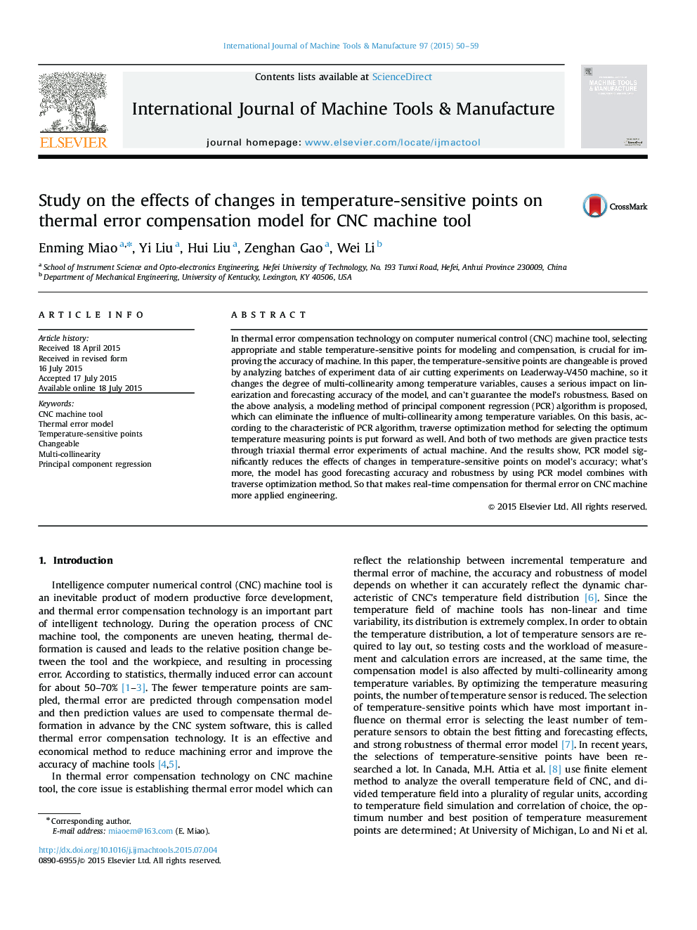 Study on the effects of changes in temperature-sensitive points on thermal error compensation model for CNC machine tool