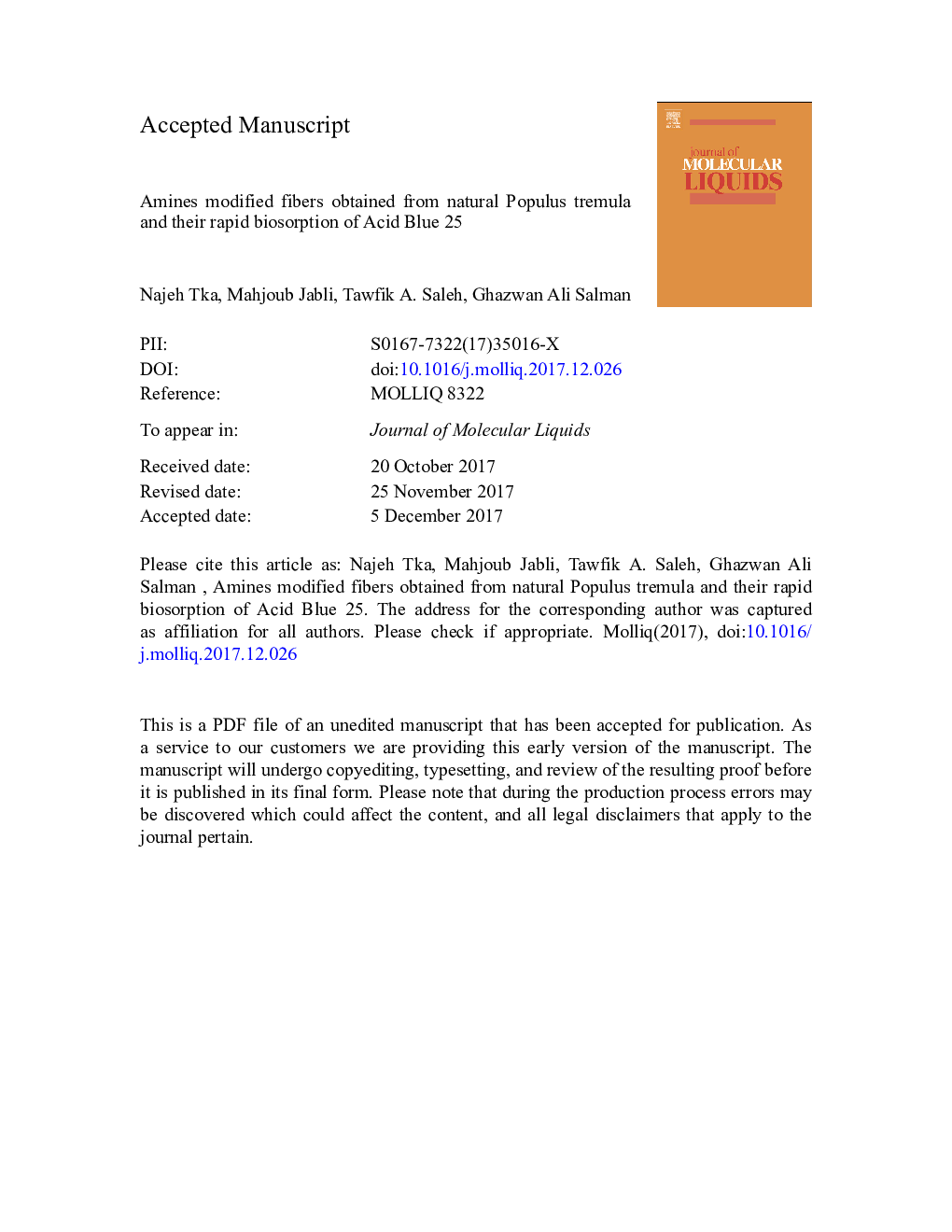 Amines modified fibers obtained from natural Populus tremula and their rapid biosorption of Acid Blue 25