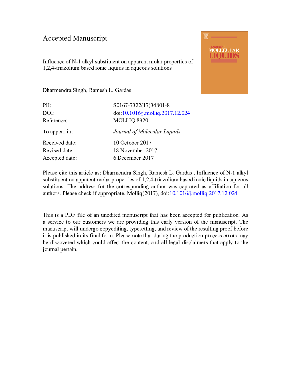 Influence of N-1 alkyl substituent on apparent molar properties of 1,2,4-triazolium based ionic liquids in aqueous solutions