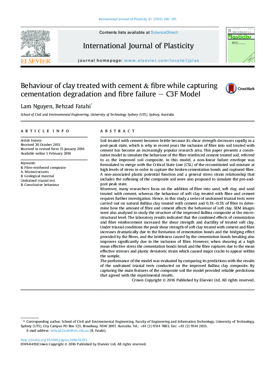 Behaviour of clay treated with cement & fibre while capturing cementation degradation and fibre failure - C3F Model