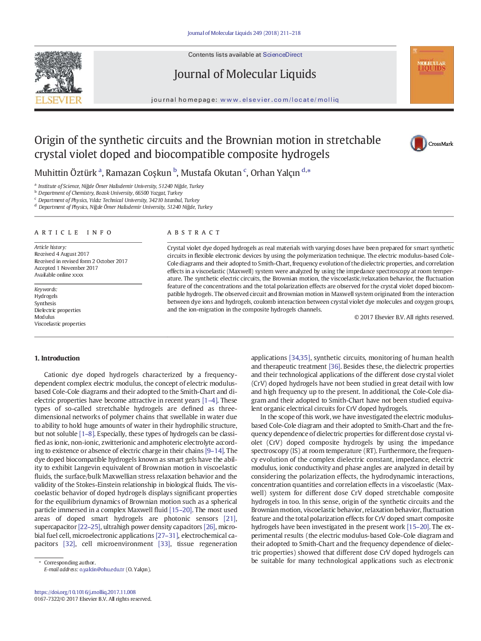 Origin of the synthetic circuits and the Brownian motion in stretchable crystal violet doped and biocompatible composite hydrogels