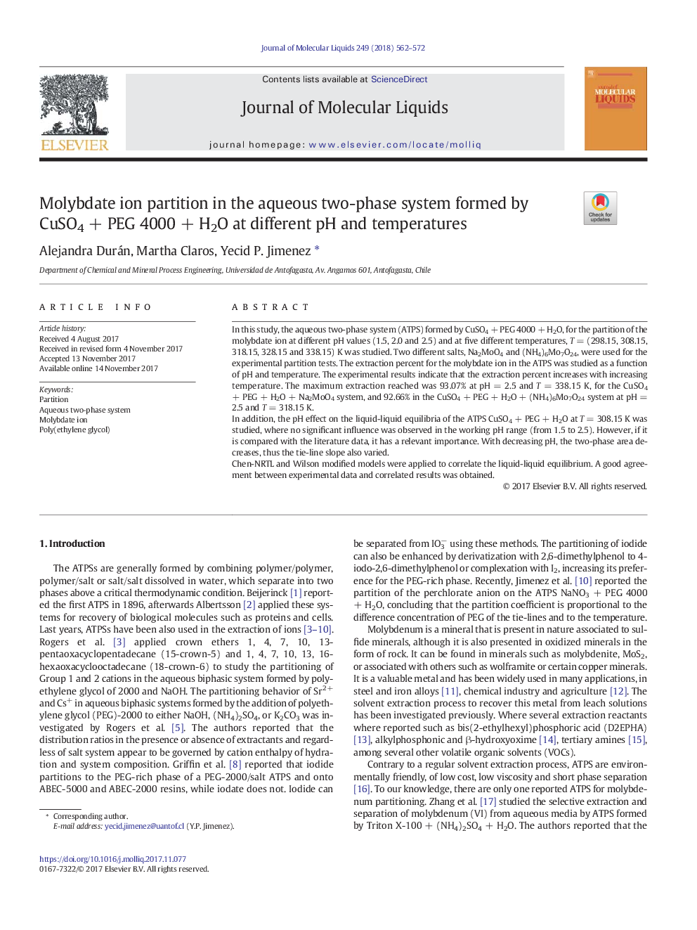 Molybdate ion partition in the aqueous two-phase system formed by CuSO4Â +Â PEG 4000Â +Â H2O at different pH and temperatures