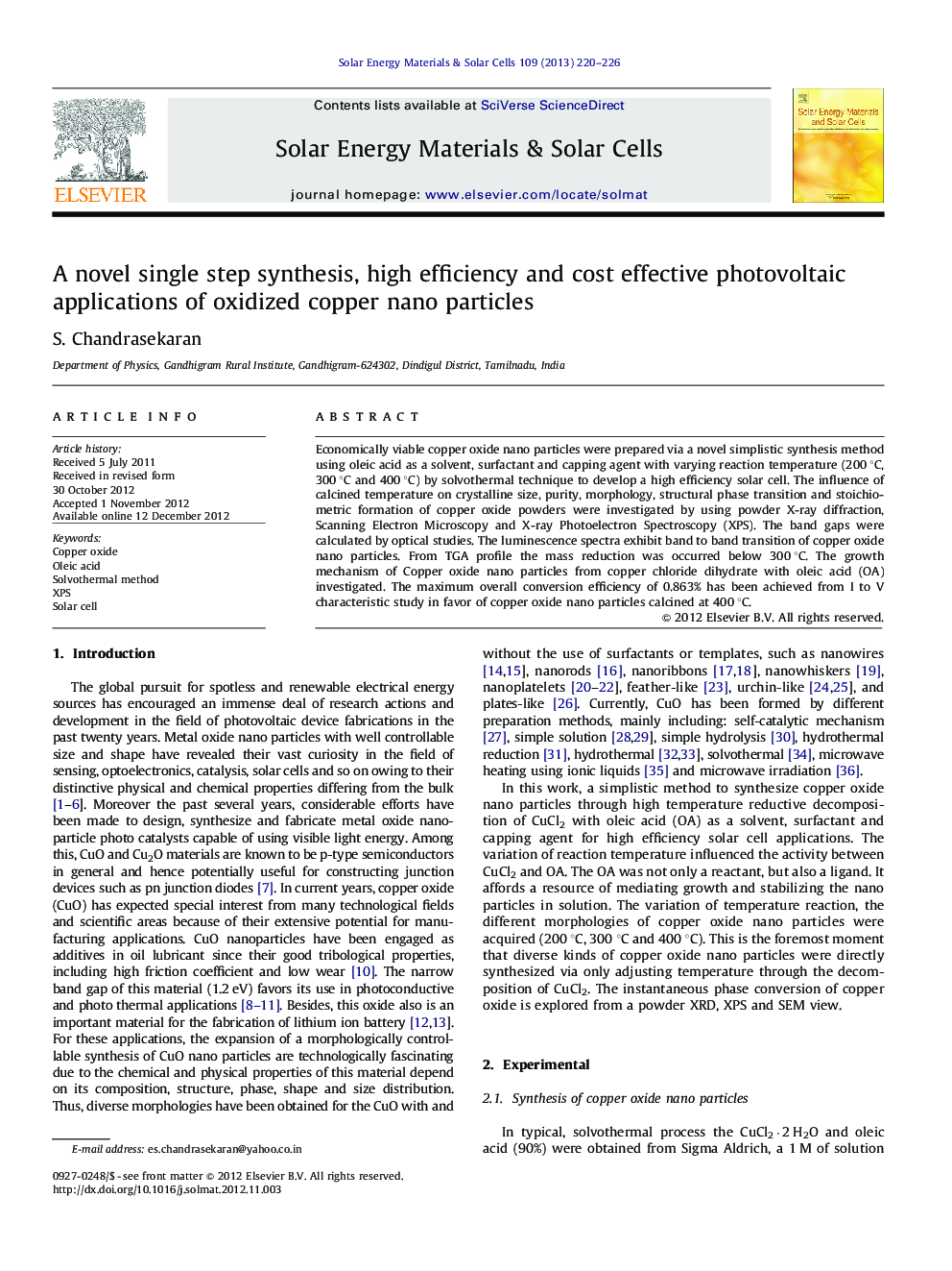 A novel single step synthesis, high efficiency and cost effective photovoltaic applications of oxidized copper nano particles