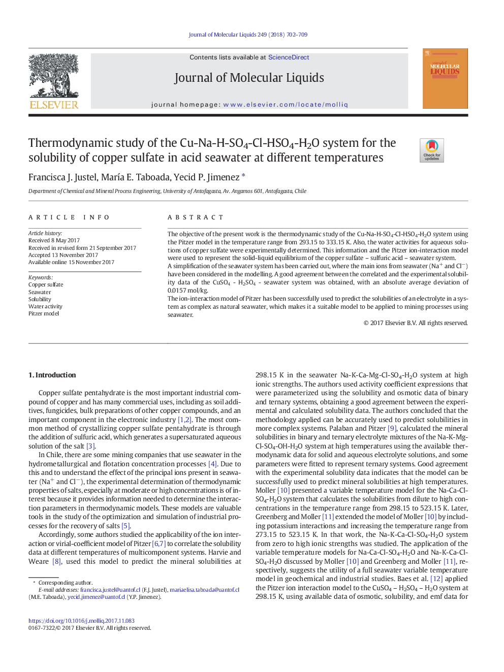 Thermodynamic study of the Cu-Na-H-SO4-Cl-HSO4-H2O system for the solubility of copper sulfate in acid seawater at different temperatures