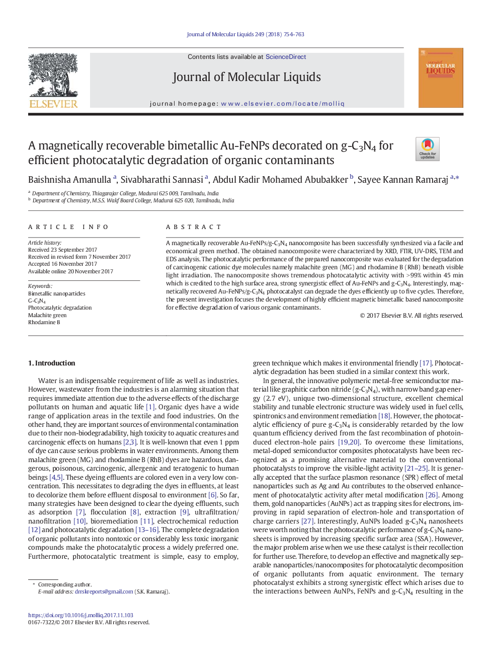 عکس صفحه اول مقاله: A magnetically recoverable bimetallic Au-FeNPs decorated on g-C3N4 for efficient photocatalytic degradation of organic contaminants A magnetically recoverable bimetallic Au-FeNPs decorated on g-C3N4 for efficient photocatalytic degradation of organic contaminants