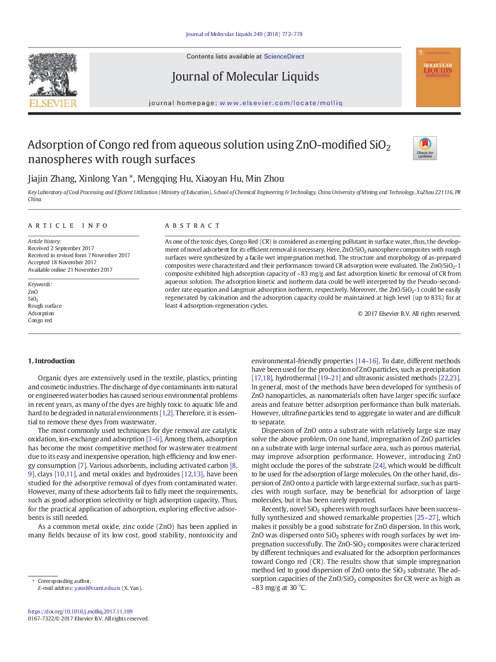 Adsorption of Congo red from aqueous solution using ZnO-modified SiO2 nanospheres with rough surfaces