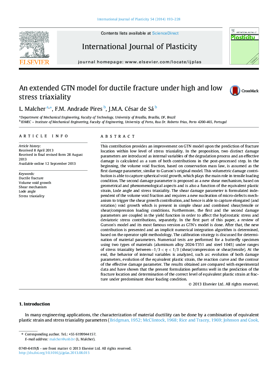 An extended GTN model for ductile fracture under high and low stress triaxiality