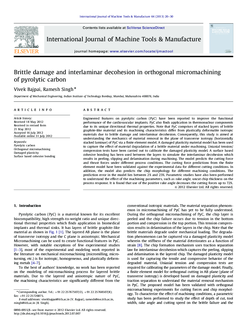 Brittle damage and interlaminar decohesion in orthogonal micromachining of pyrolytic carbon