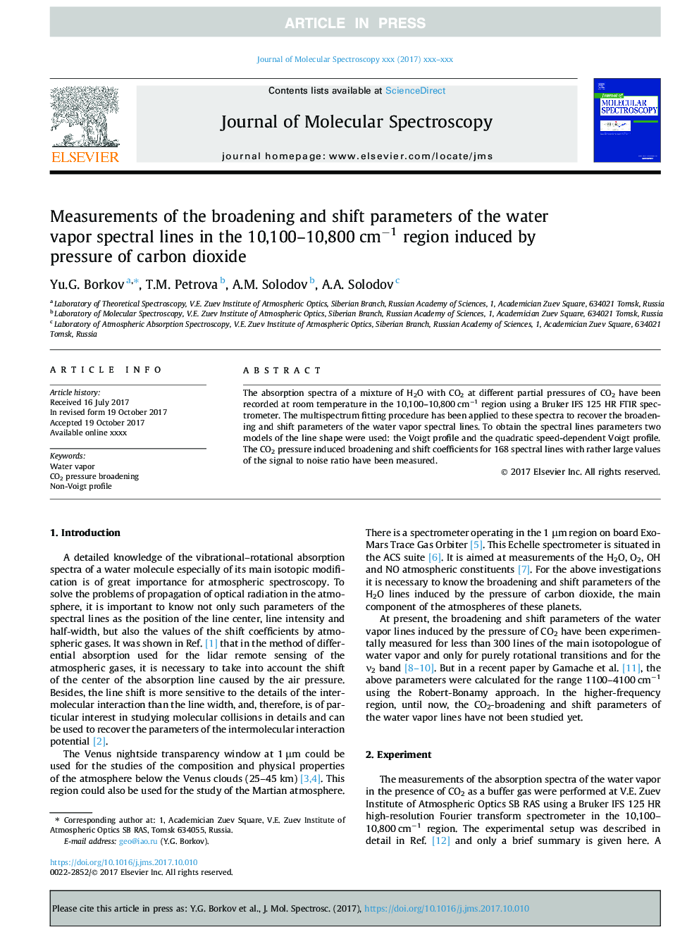 Measurements of the broadening and shift parameters of the water vapor spectral lines in the 10,100-10,800â¯cmâ1 region induced by pressure of carbon dioxide