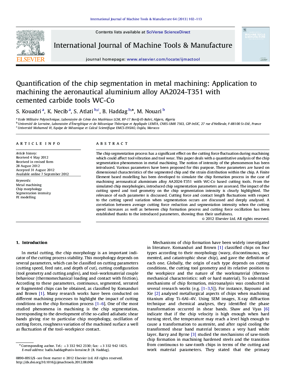 Quantification of the chip segmentation in metal machining: Application to machining the aeronautical aluminium alloy AA2024-T351 with cemented carbide tools WC-Co